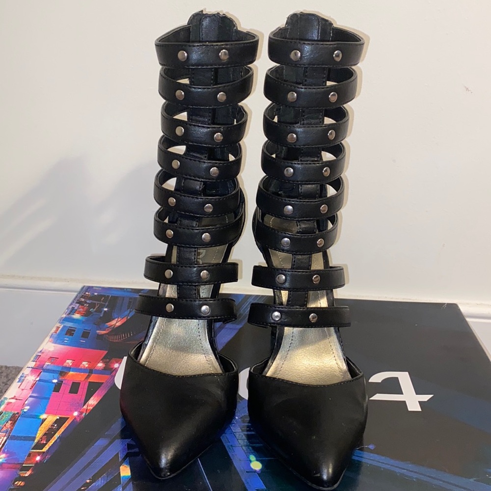 Black zip up caged heels